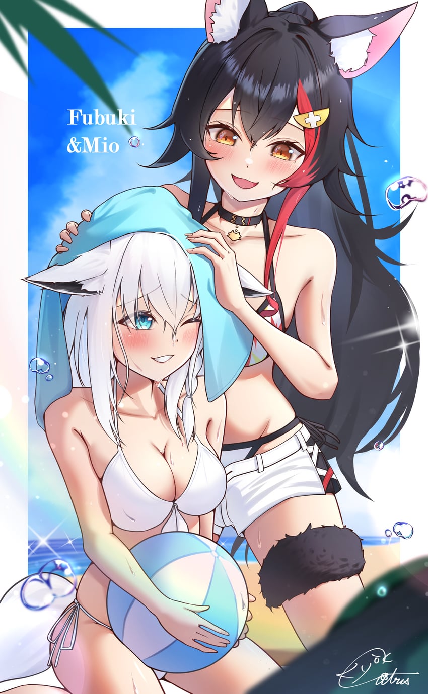 shirakami fubuki and ookami mio (hololive) drawn by kyoka_citrus