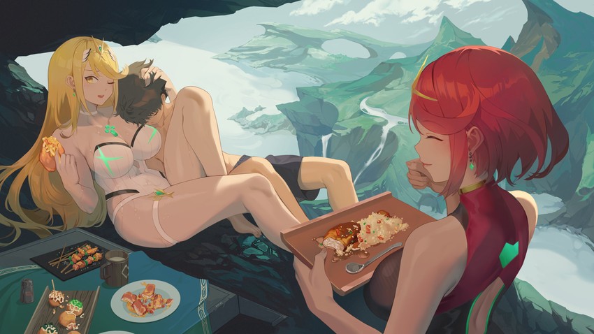 rex, pyra, and mythra (xenoblade chronicles and 1 more) drawn by wangxiii