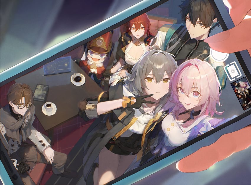 trailblazer, stelle, march 7th, dan heng, himeko, and 2 more (honkai and 1 more) drawn by yu_(ba9ama)