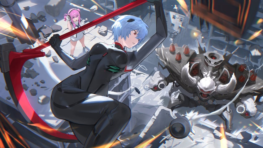 ayanami rei and pepper (neon genesis evangelion and 3 more) drawn by hood_(james_x)