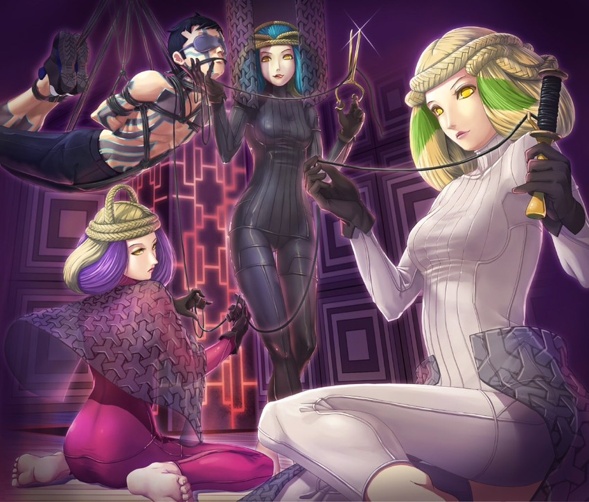 demi-fiend, atropos, lachesis, and clotho (shin megami tensei and 1 more) drawn by hi-ho-