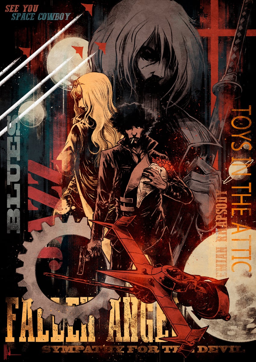 spike spiegel, julia, swordfish ii, and vicious (cowboy bebop) drawn by luca_merli
