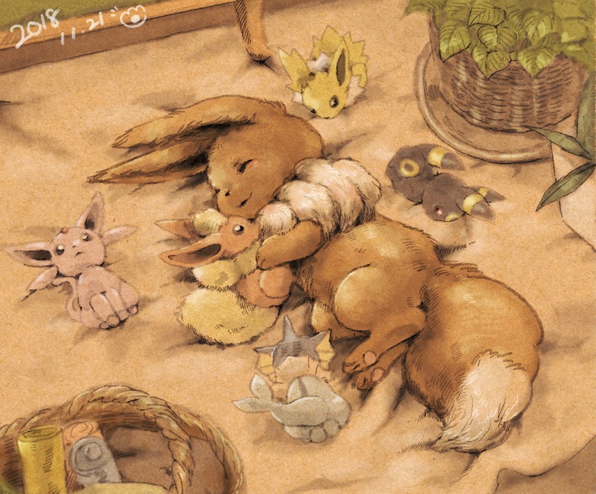 eevee, umbreon, vaporeon, espeon, flareon, and 1 more (pokemon) drawn by matsuri_(matsuike)