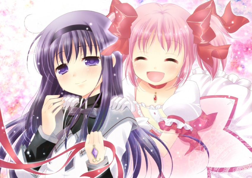 akemi homura and kaname madoka (mahou shoujo madoka magica) drawn by sakumi_(uruneko)