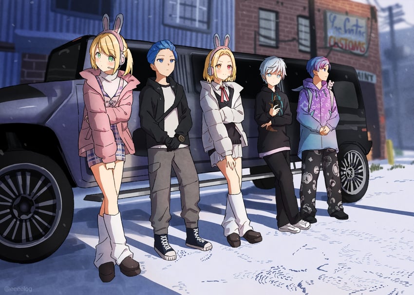hoshikawa sara, ikoi momoa, amon yuuku, sansia, and bubble cake (nijisanji and 4 more) drawn by h_(eitilog)