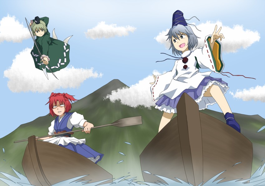 mononobe no futo, onozuka komachi, and soga no tojiko (touhou) drawn by hibasaka_ren