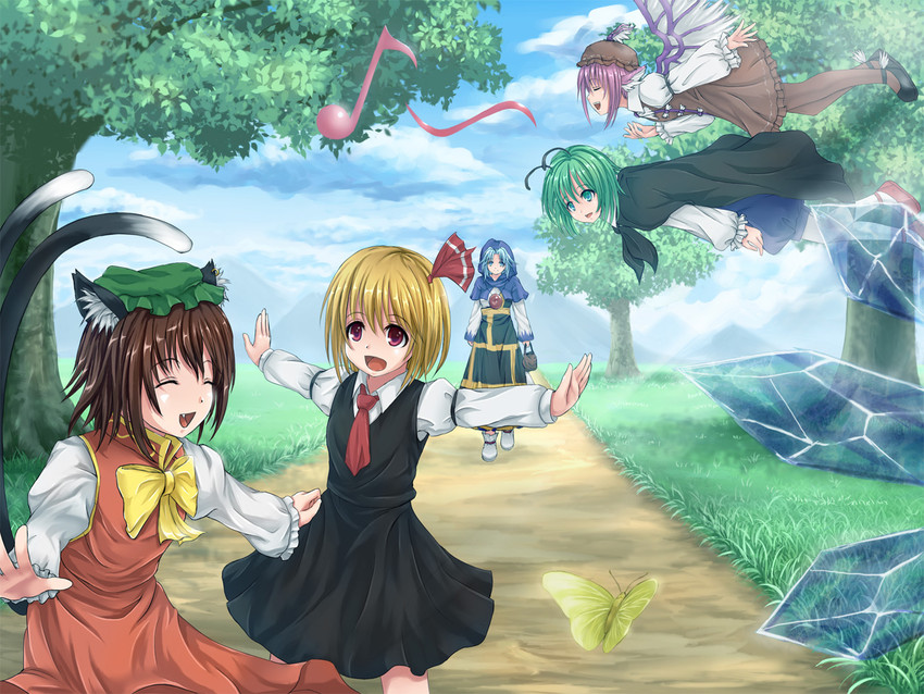 cirno, rumia, chen, mystia lorelei, wriggle nightbug, and 1 more (touhou) drawn by lely