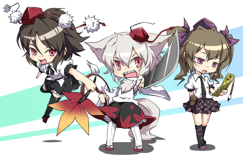 shameimaru aya, inubashiri momiji, and himekaidou hatate (touhou) drawn by noya_makoto