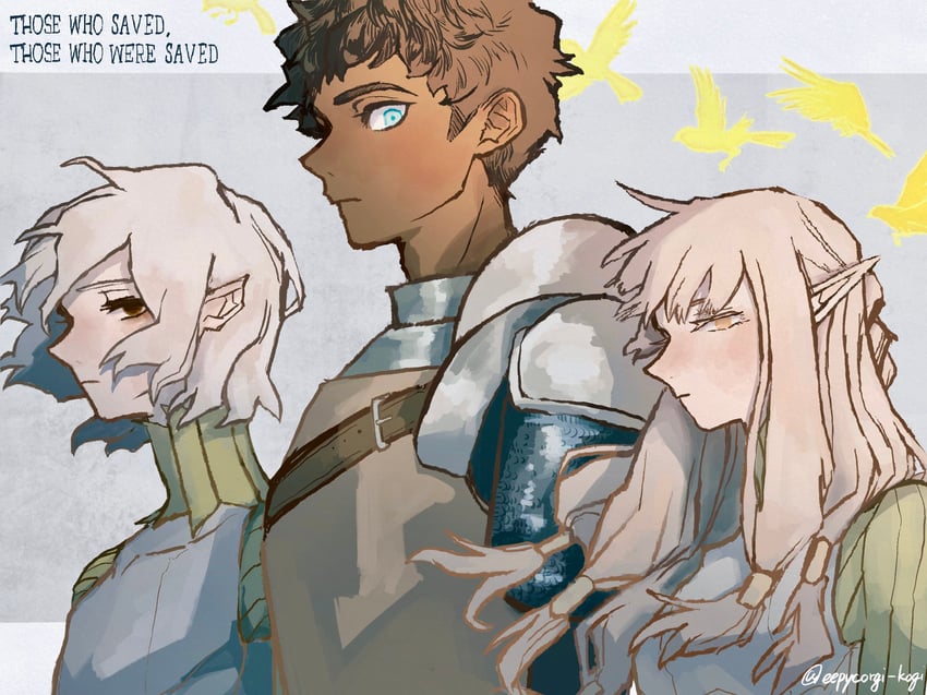mithrun, kabru, and milsiril (dungeon meshi) drawn by pachix2_corgi