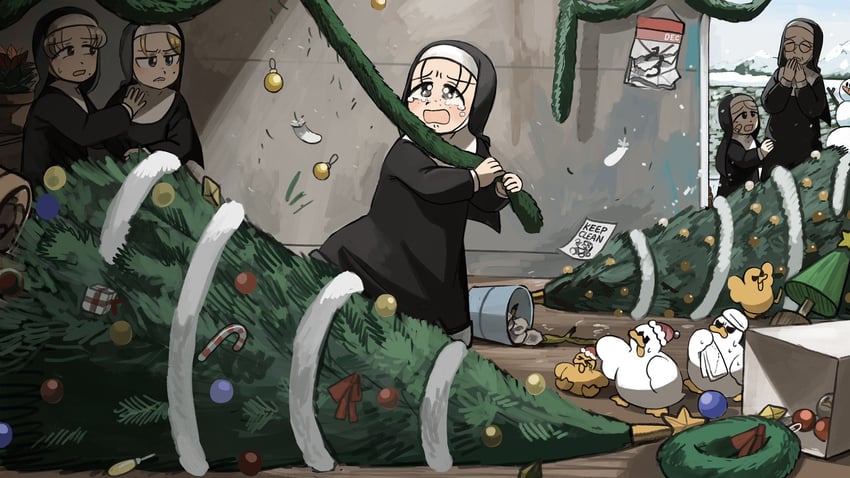 strict nun, smug nun, leaf nun, freckles nun, and mother superior (little nuns) drawn by diva_(hyxpk)