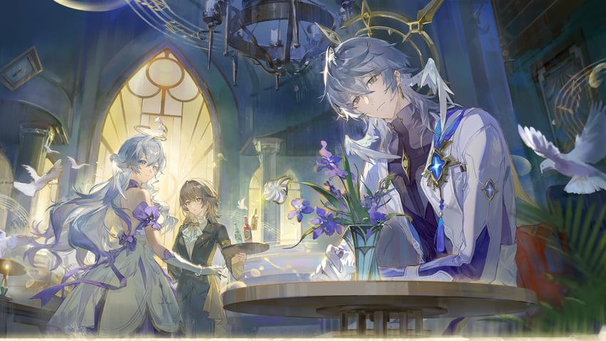 trailblazer, stelle, robin, and sunday (honkai and 1 more) drawn by qingming_tiaohetu