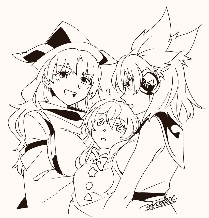 toyosatomimi no miko, hata no kokoro, and matara okina (touhou) drawn by shikido_(khf)