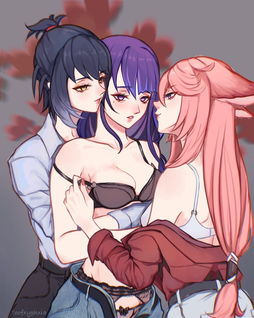 raiden shogun, yae miko, and kujou sara (genshin impact) drawn by oofxyphxia