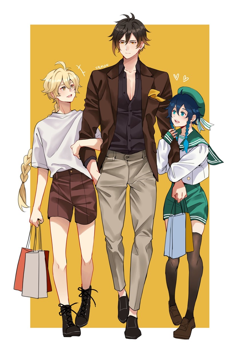 aether, zhongli, and venti (genshin impact) drawn by sushisalmon95