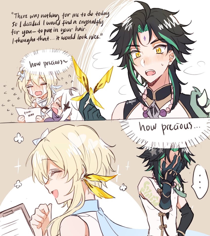 lumine, paimon, xiao, and crystalfly (genshin impact) drawn by enefue