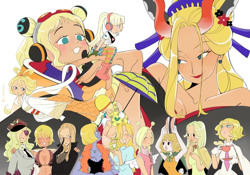 carrot, kalifa, marguerite, miss valentine, black maria, and 10 more (one piece) drawn by cesel
