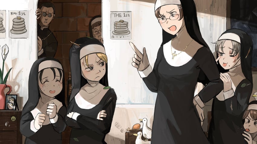 strict nun, smug nun, father, freckles nun, glasses nun's aunt, and 1 more (little nuns) drawn by diva_(hyxpk)