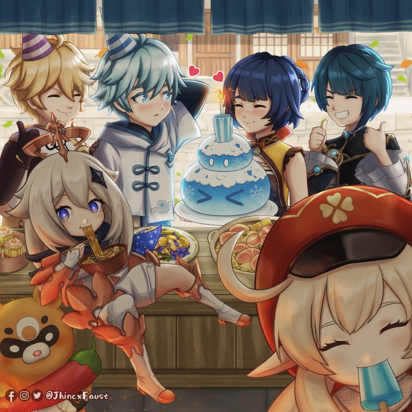 aether, paimon, klee, slime, xingqiu, and 4 more (genshin impact) drawn by jhincx_faust