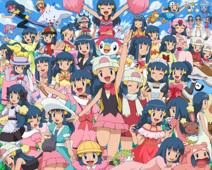 dawn, piplup, cyndaquil, pachirisu, shaymin, and 9 more (pokemon and 2 more) drawn by pokemoa