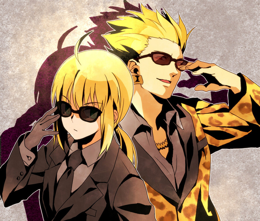 artoria pendragon, saber, and gilgamesh (fate and 1 more) drawn by ha84no