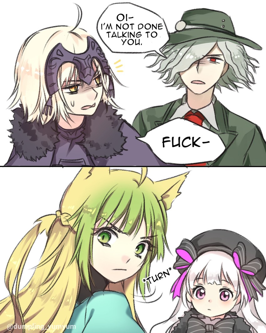 jeanne d'arc alter, atalanta, nursery rhyme, and edmond dantes (fate and 1 more) drawn by yumyum