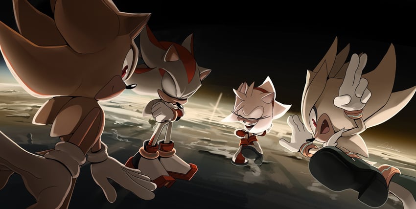 sonic the hedgehog, shadow the hedgehog, amy rose, silver the hedgehog, super sonic, and 3 more (sonic) drawn by andoraliix