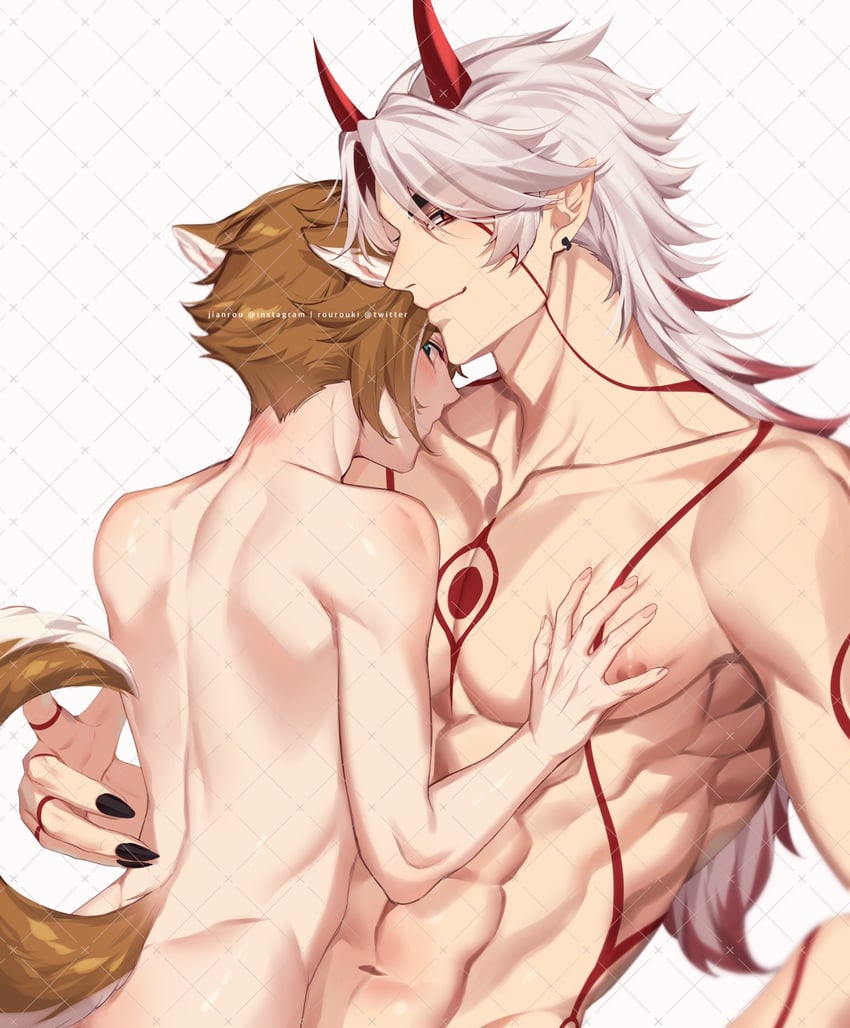 arataki itto and gorou (genshin impact) drawn by rourouki