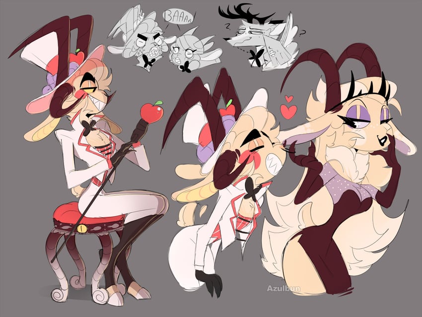 lucifer morningstar, charlie morningstar, alastor, lilith, and vaggie (hazbin hotel) drawn by azulbun
