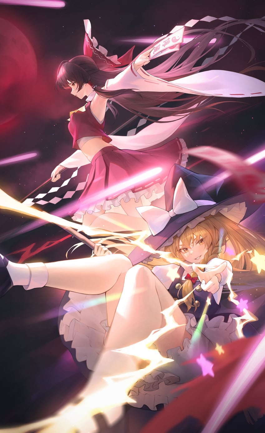 hakurei reimu and kirisame marisa (touhou) drawn by zhenli-mari