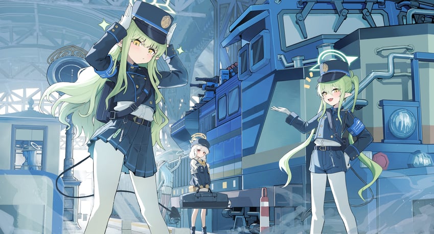 hikari, nozomi, aoba, and highlander railway academy student (blue archive) drawn by yuku~
