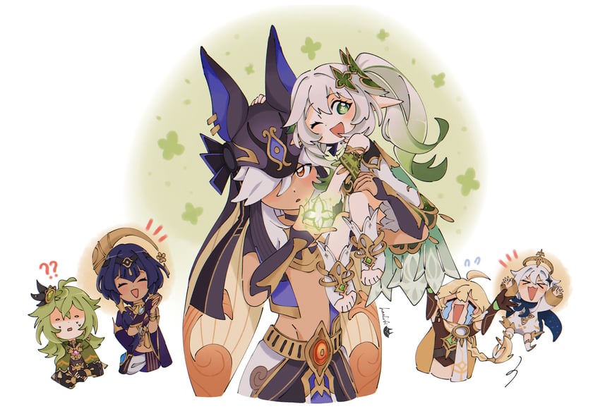 aether, nahida, paimon, cyno, collei, and 1 more (genshin impact) drawn by hashibi_(noyasakihashibi)