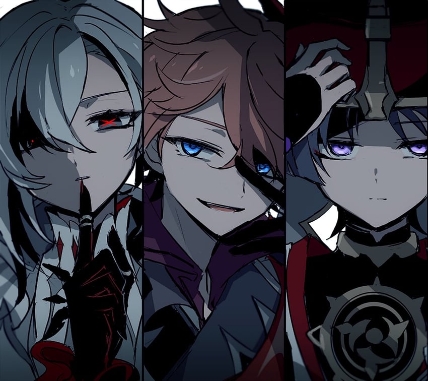 scaramouche, tartaglia, and arlecchino (genshin impact) drawn by ra_suya