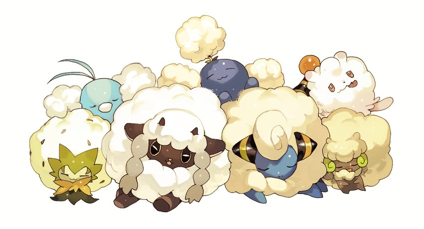 swablu, wooloo, whimsicott, jumpluff, mareep, and 2 more (pokemon) drawn by newo_(shinra-p)