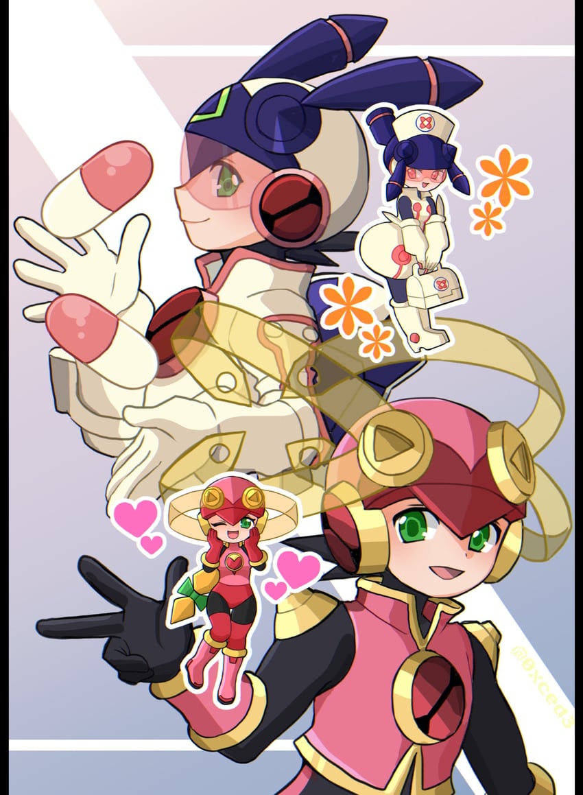 megaman.exe, roll.exe, and meddy.exe (mega man and 3 more) drawn by 0xced3
