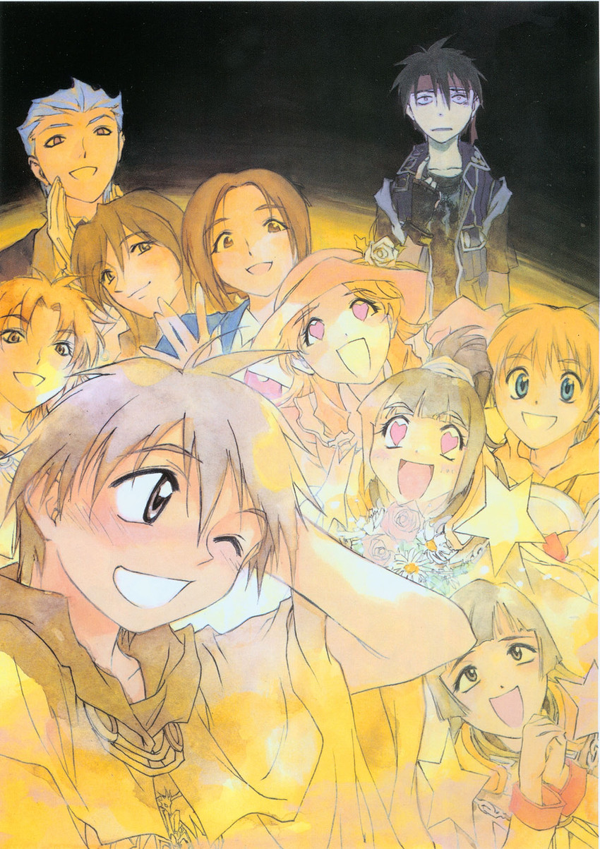orphen, majic lin, azalie cait sith, constance magee, leticia maccready, and 3 more (majutsushi orphen) drawn by kusaka_yuuya