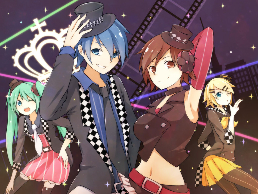 hatsune miku, kagamine rin, kaito, and meiko (vocaloid and 1 more) drawn by deviltd