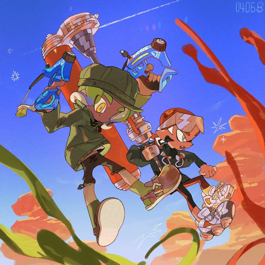 inkling player character, octoling player character, inkling boy, and octoling boy (splatoon) drawn by bakori514_(h_akka)