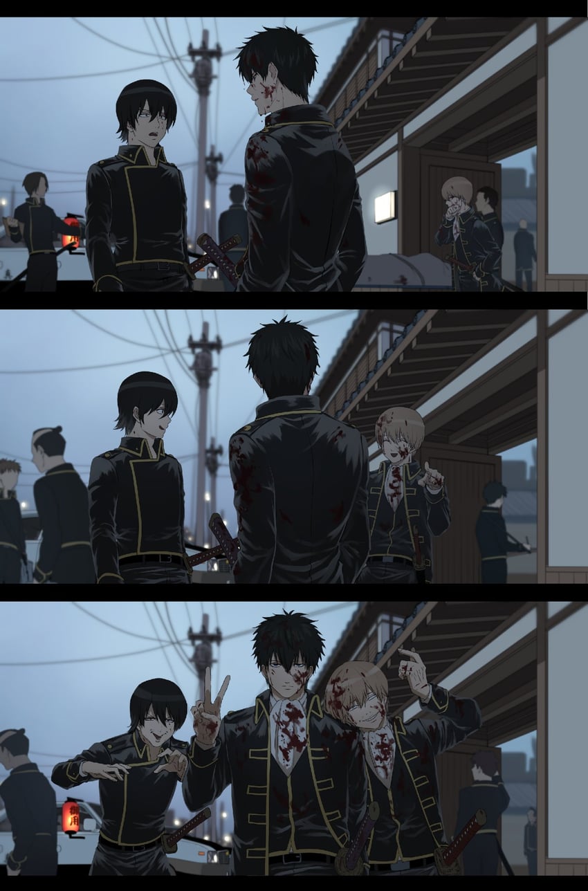 okita sougo, hijikata toushirou, and yamazaki sagaru (gintama) drawn by nikuhen
