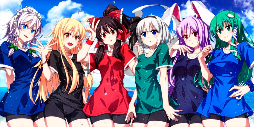 hakurei reimu, kirisame marisa, izayoi sakuya, kochiya sanae, konpaku youmu, and 1 more (touhou) drawn by sazanami_mio