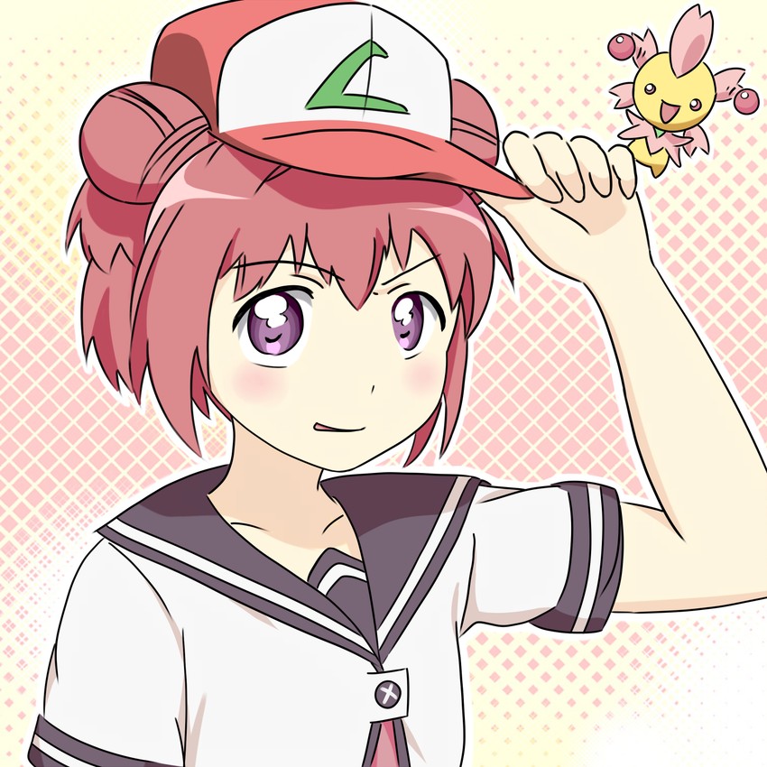 ash ketchum, akaza akari, and cherrim (pokemon and 1 more) drawn by marina_(mitsuba) and sig_(sfried)