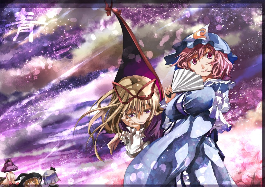 hakurei reimu, kirisame marisa, konpaku youmu, yakumo yukari, saigyouji yuyuko, and 2 more (touhou) drawn by yohane