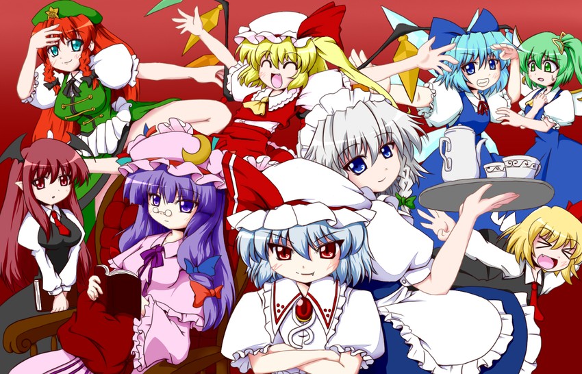 remilia scarlet, flandre scarlet, izayoi sakuya, cirno, patchouli knowledge, and 4 more (touhou and 1 more) drawn by herenettuxa