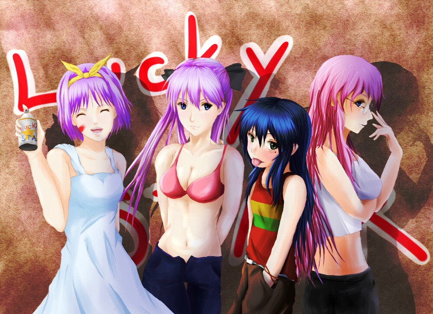 hiiragi kagami, izumi konata, hiiragi tsukasa, and takara miyuki (lucky star) drawn by k.k