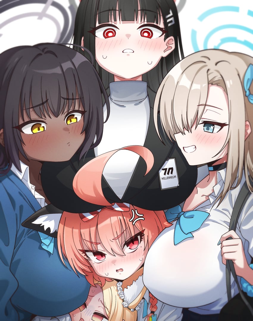asuna, rio, karin, seia, and neru (blue archive) drawn by golmonggu