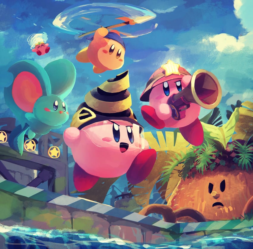 kirby, waddle dee, bandana waddle dee, elfilin, tornado kirby, and 3 more (kirby and 1 more) drawn by suyasuyabi