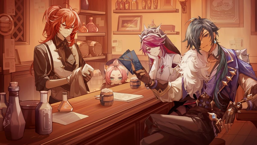 diluc, kaeya, rosaria, and diona (genshin impact) drawn by to_e