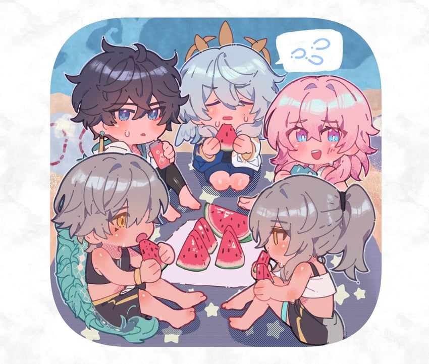 trailblazer, stelle, march 7th, caelus, dan heng, and 1 more (honkai and 1 more) drawn by crispyfrites