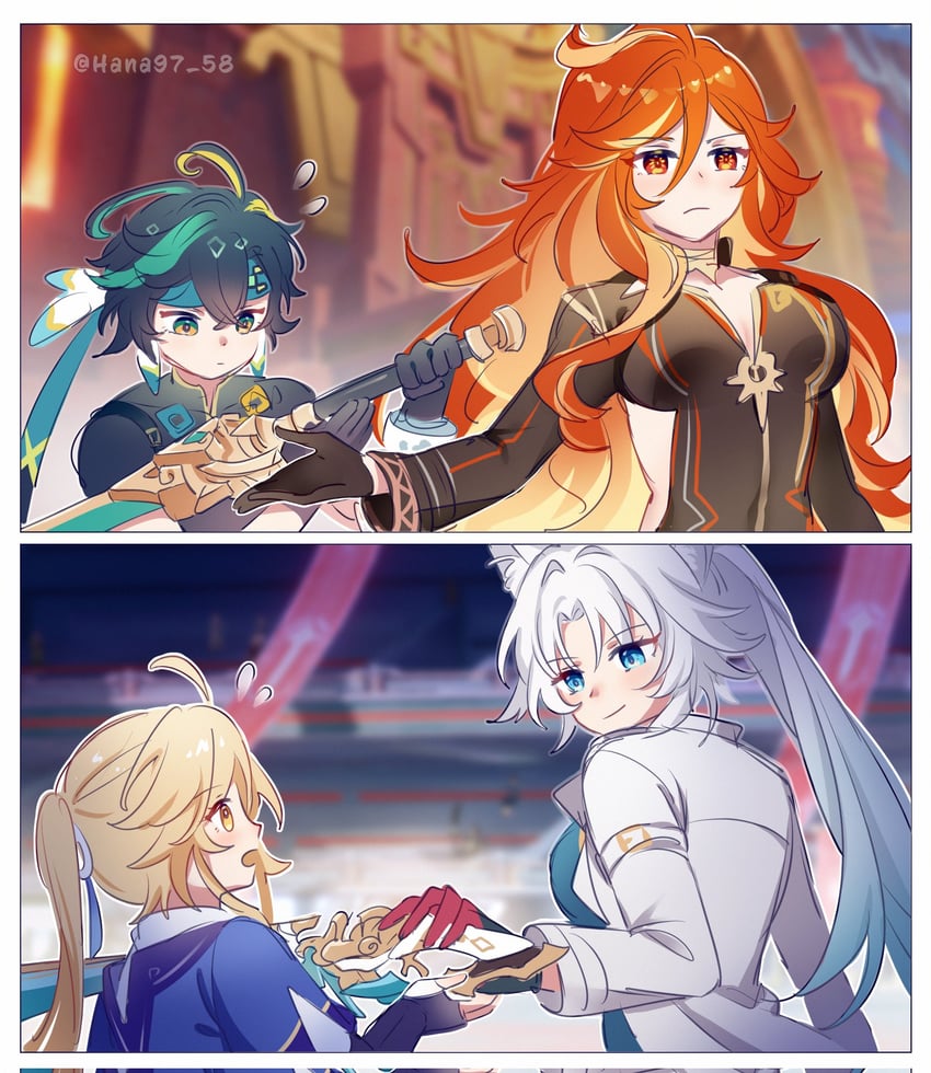 mavuika, feixiao, kinich, yanqing, and komatsu mikako (genshin impact and 3 more) drawn by hana97_58