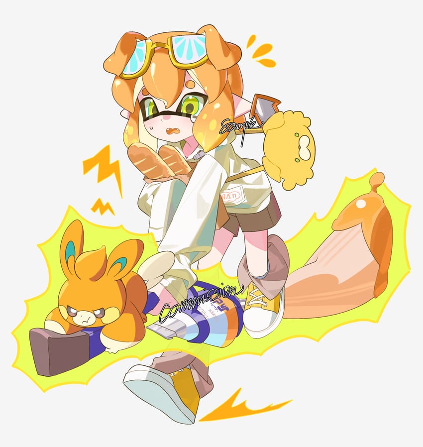 inkling player character, inkling girl, and pawmi (pokemon and 1 more) drawn by namazuoku