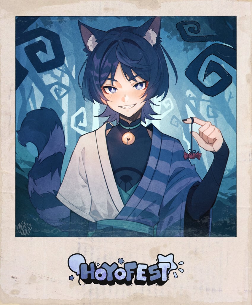scaramouche and cheshire cat (genshin impact and 1 more) drawn by nekojinnyart